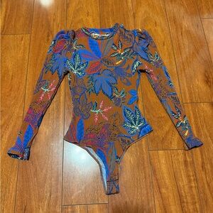 Farm rio women’s Long Sleeve Floral One-Piece Bodysuit - Brown/Blue